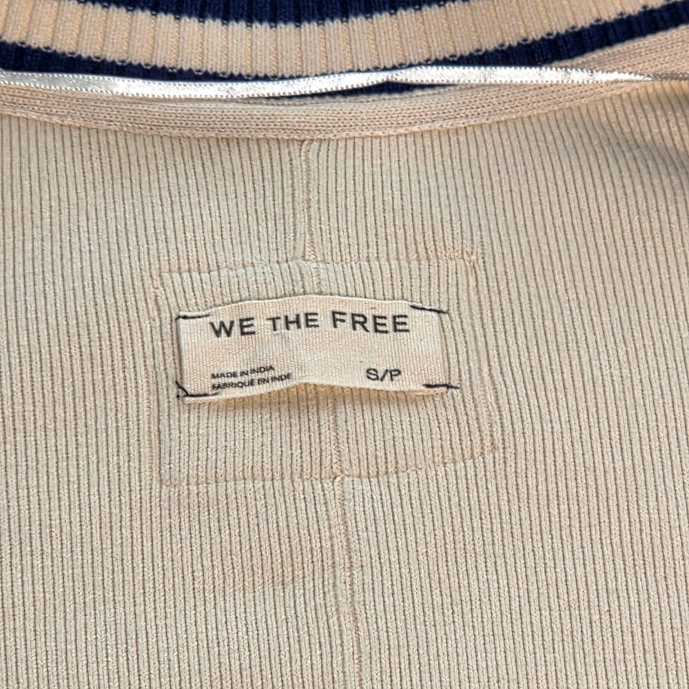 We The Free Varsity Cardigan Ecru Blue Cable Knit Oversized Collegiate S NWOT - Picture 11 of 15